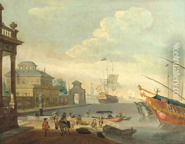 A Capriccio of a Mediterranean harbour with galleys and a merchantman Oil Painting - Abraham Storck