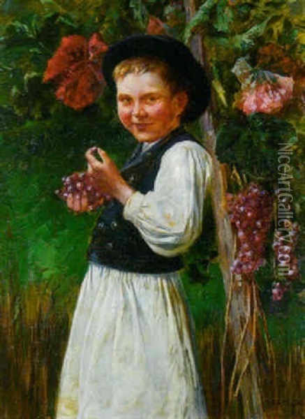 A Young Boy In A Vineyard Oil Painting - Geza Peske