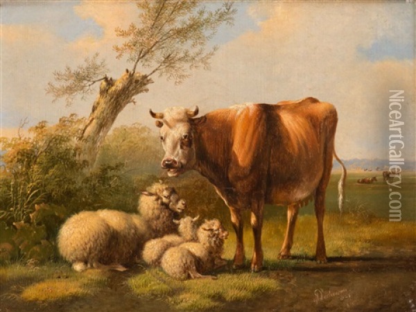 The Cow Accompanies The Sheep With Her Lambs Oil Painting - Albertus Verhoesen
