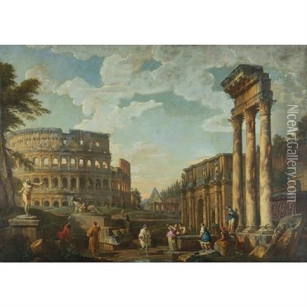 An Architectural Capriccio With The Colosseum Oil Painting - Giovanni Paolo Panini