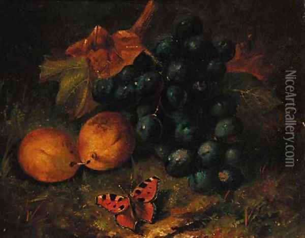Grapes, plums and a butterfly on a mossy bank Oil Painting - Henry George Todd