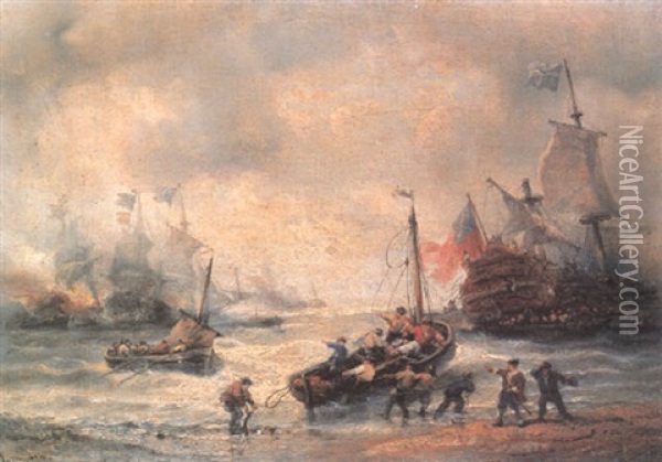 Battleships On The Coast Oil Painting - Francois-Etienne Musin