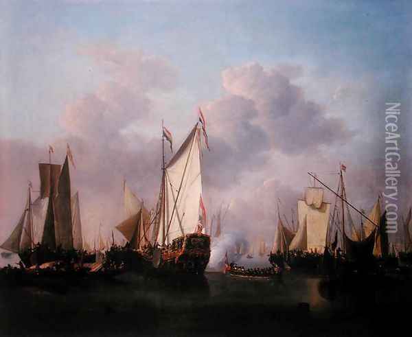 A States yacht and other Vessels in a very light air, c.1655 Oil Painting - Willem van de Velde the Younger