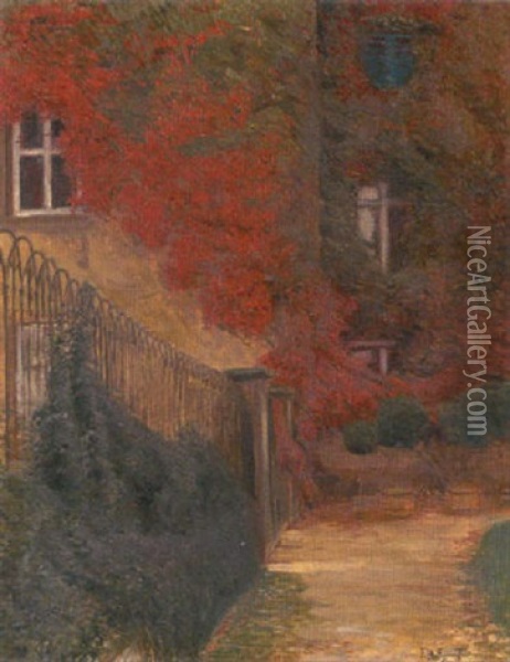 Hausfront Mit Rotem Weinlaub Oil Painting - Franz Hoffmann-Fallersleben