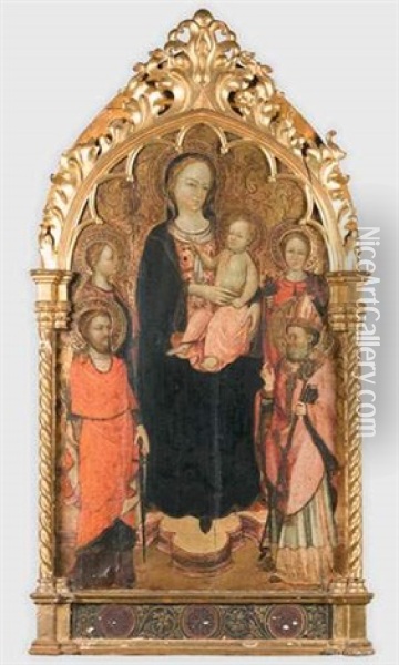 La Vierge Et L'enfant En Trone Entre Saint-julien (?), Un Eveque Et Deux Saintes Oil Painting - Rossello di Jacopo Franchi