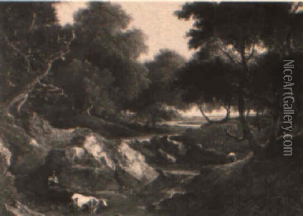 Angler, Cattle And Drover In A Wooded River Landscape Oil Painting - Benjamin (of Bath) Barker