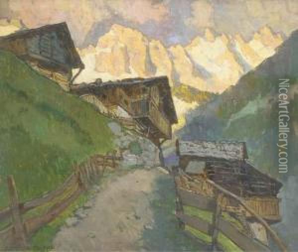 Grodner-tal, With The Alps Beyond Oil Painting - Julius Von Kaan-Albest