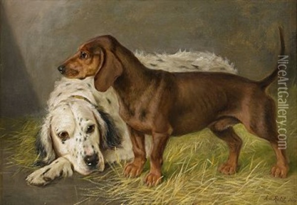 Engelsk Setter Och Tax Oil Painting - Johan-Gustaf von Holst