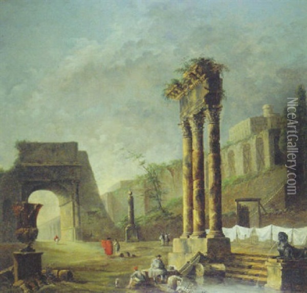 A Washerwoman By A Pool With Other Figures Amongst Classical Ruins Oil Painting - Hubert Robert