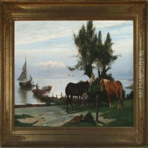 En Holdeplads Ved Stranden Oil Painting - Otto Haslund