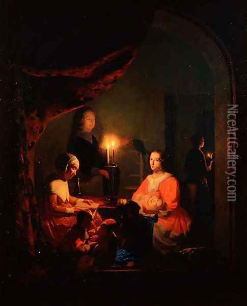 A Family in a Candlelit Interior, 1852 Oil Painting - Johannes Rosiere