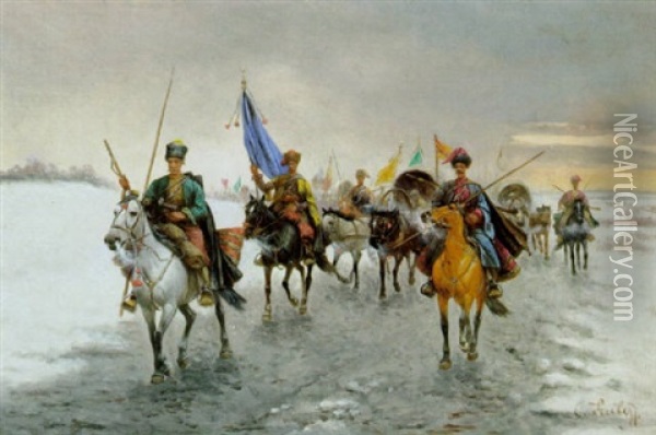 Geldtransport In Sibirien Oil Painting - Adolf (Constantin) Baumgartner-Stoiloff