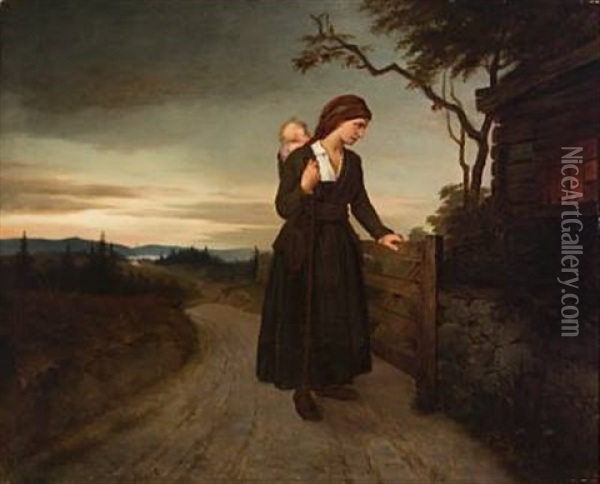 Kvinne Ved Grinden Oil Painting - Johanne Mathilde Dietrichson