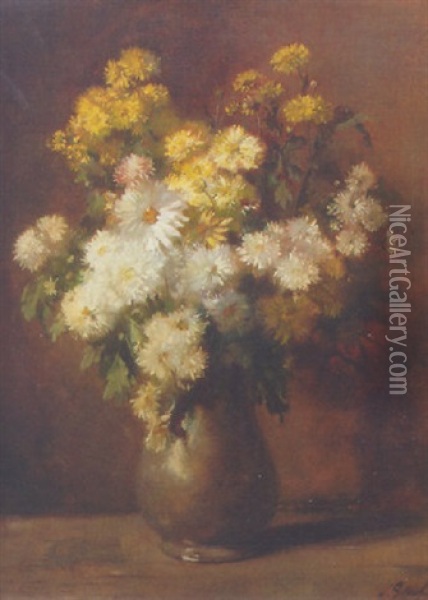 Chrysanthemums In A Pewter Case Oil Painting - Solomon Garf