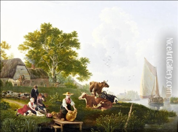 River Landscape With Barges, Cattle And Maid Cleaning Metalware Oil Painting - Leendert de Koningh