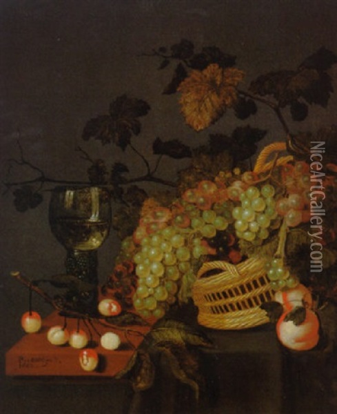 A Basket Of Grapes, A Roemer And Cherries On A Partly Draped Ledge Oil Painting - Bartholomeus Assteyn