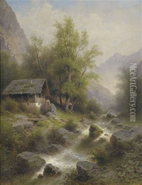 Verlassene Waldmuhle Mit Wasserfall Oil Painting - Albert Rieger