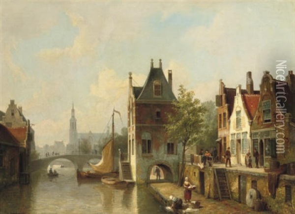 A Capriccio View Of A Canal In Alkmaar Oil Painting - Cornelis Christiaan Dommelshuizen