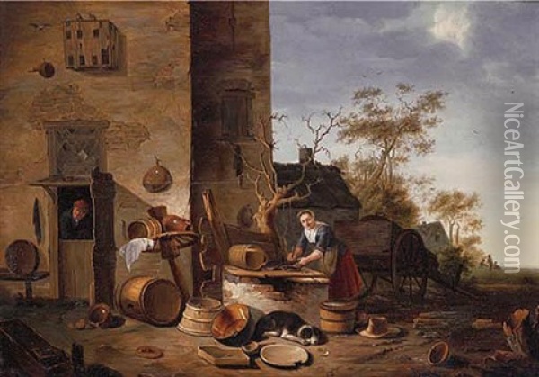 A Kitchenmaid Cleaning Fish Before A Farmhouse Oil Painting - Egbert Lievensz van der Poel