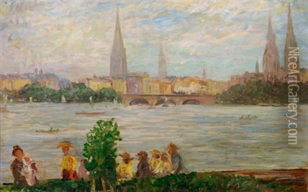 View Of The Ausenalster On Hamburg Oil Painting - Heinrich Steinhagen