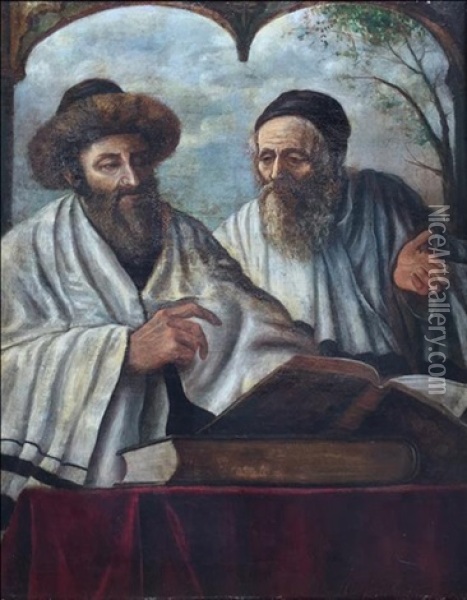 Two Orthodox Scholars Studing The Gmara Oil Painting - Moritz Daniel Oppenheim