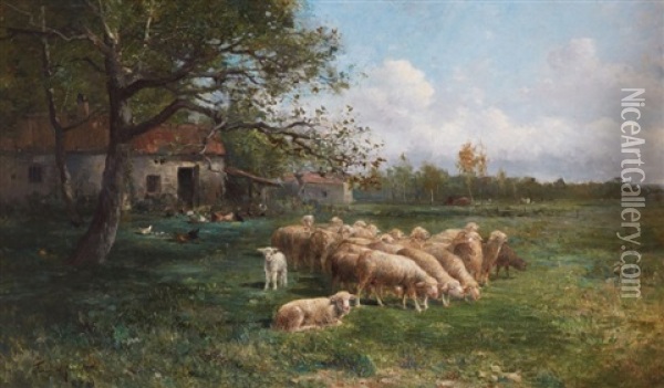 Moutons Au Pre Oil Painting - Albert Tibule Furcy De Lavault