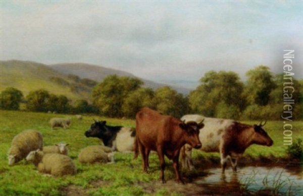 Cattle And Sheep Resting In A Water Meadow Oil Painting - Joseph Dixon Clark