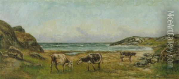 Strandlandskap Med Klippor Samt Betande Kor Oil Painting - Johan Severin Nilsson