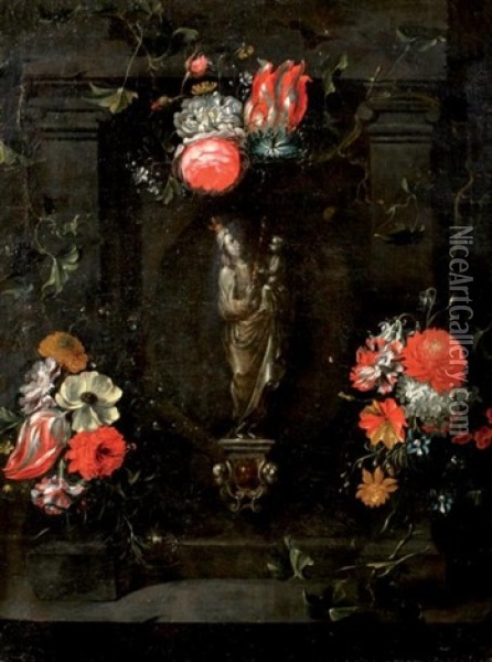 Vierge A L'enfant Dans Une Architecture Entouree De Bouquets De Fleurs Oil Painting - Johannes Anthonius van der Baren