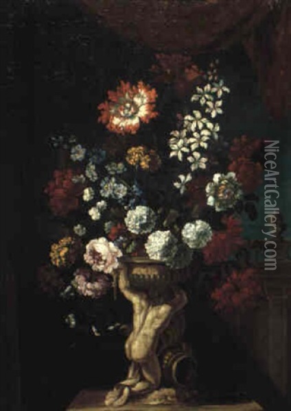 Flowers In An Urn Supported By A Figure Of Hercules On A    Terrace Oil Painting - Pieter Casteels III