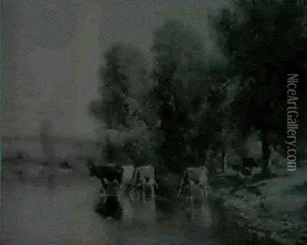 Cows Watering In A River Oil Painting - Thomas Bigelow Craig