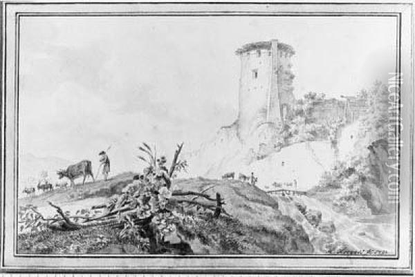 An Italianate Landscape With A Ruined Tower On A Hill Oil Painting - Hendrik Hoogers