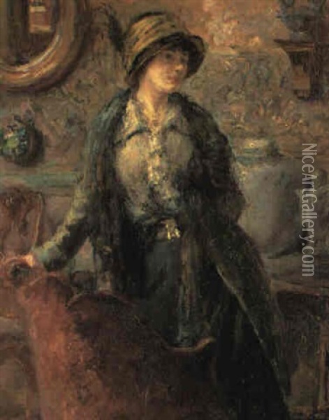 Woman In An Interior Oil Painting - Georges (Ferdinand) Lemmers