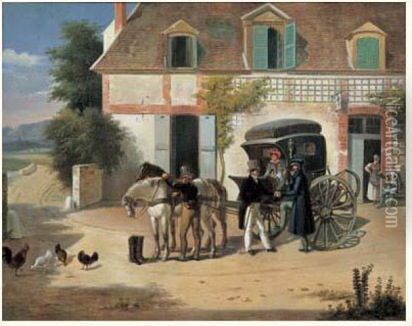 Une Caleche Devant Un Relais De Poste Oil Painting - Jean-Francois Demay