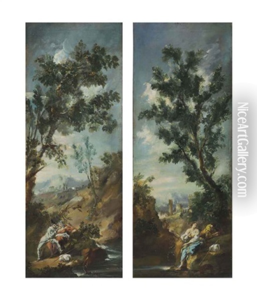 A Landscape With A Couple Embracing By A Stream (+ A Landscape With Ruins And Figures By A Stream; Pair) Oil Painting - Alessandro Magnasco