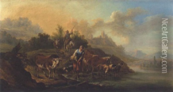 An Italianate River Landscape With A Drover, Cattle, Sheep And A Goat On A Bank, A Hilltop Village Beyond Oil Painting - Karel Dujardin