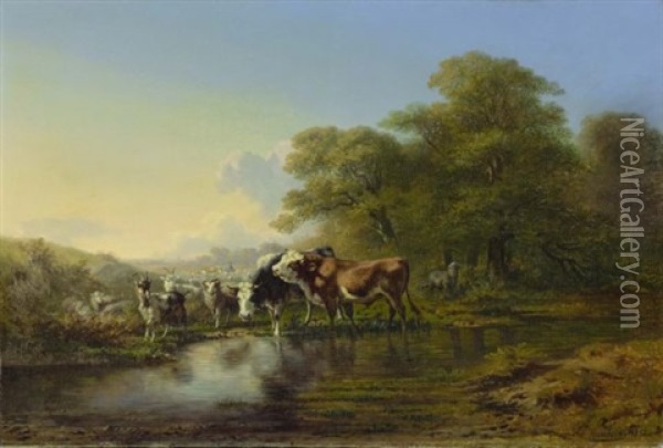 Boeufs Et Chevres (cattle And Goats) Oil Painting - Charles (Jean-Ch. Ferdinand) Humbert