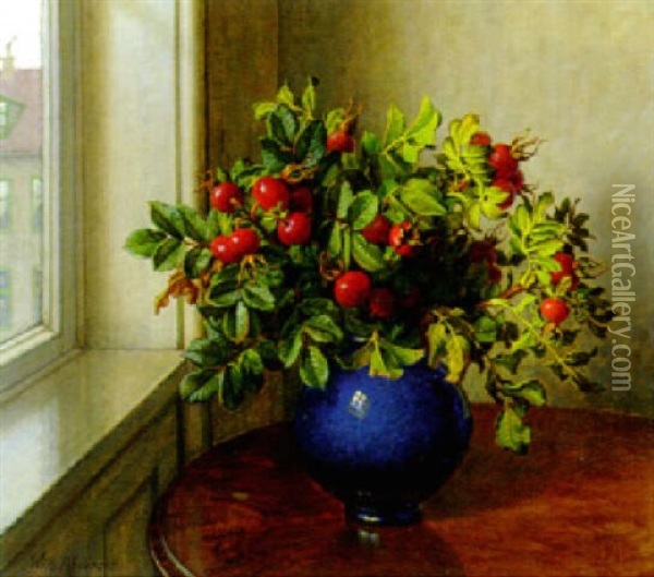 Rosehips In A Blue Glass Vase On A Table Beside A Window Oil Painting - Wilhelm Andersen