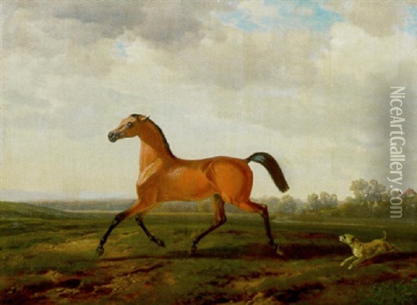 Trabendes Pferd Auf Der Weide Von Einem Hund Verfolgt Oil Painting - Albrecht Adam