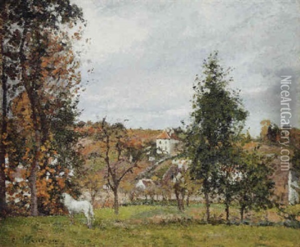 Paysage Avec Cheval Blanc Dans Un Pre, L'hermitage Oil Painting - Camille Pissarro