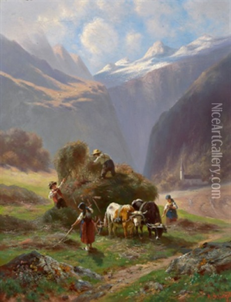 Heuernte Im Hochgebirgstal Oil Painting - Robert (August Rudolf) Schietzold