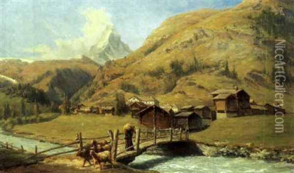 Il Villaggio Di Zermatt (vallais Suisse) Oil Painting - Federico Ashton