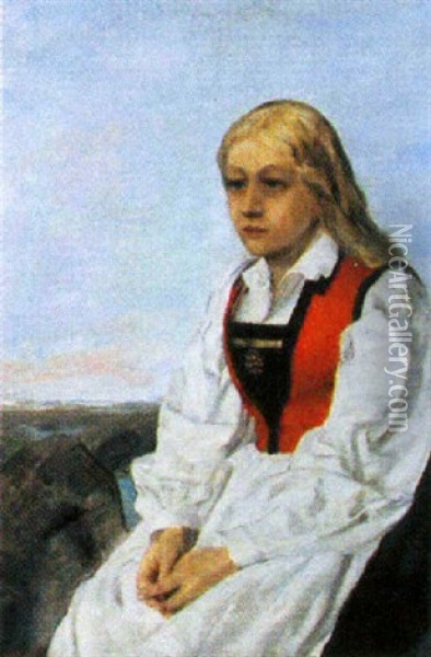 Bunadkledd Jente Med Hender I Fanget Oil Painting - Christian Krohg