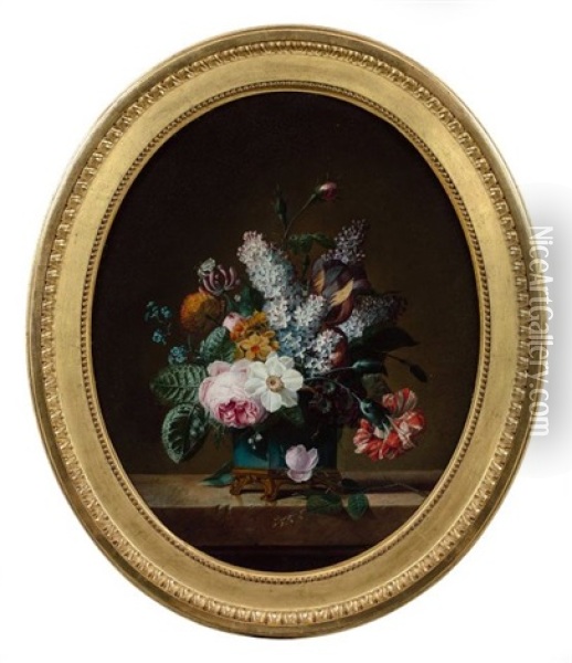 Bouquet De Fleurs Dans Un Vase En Porcelaine De Chine Bleu Monte En Bronze Dore Oil Painting - Jean Louis Prevost