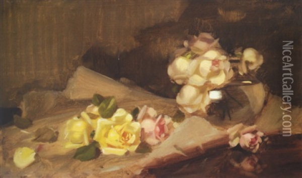 Yellow, Pink And White Roses Oil Painting - Stuart James Park