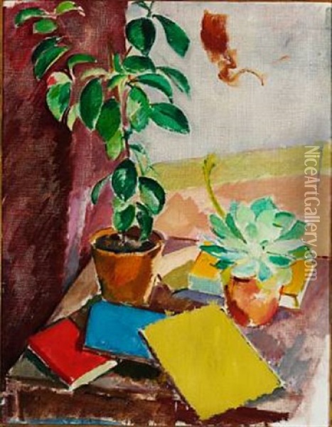 Still Life With Camellia And Books Oil Painting - Karl Isakson