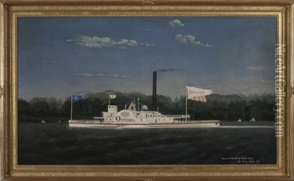 The Hudson River Paddlewheel Towboat Oswego Oil Painting - James Bard