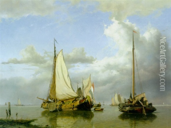 Shipping On A Calm Estuary Oil Painting - Willem Anthonie van Deventer