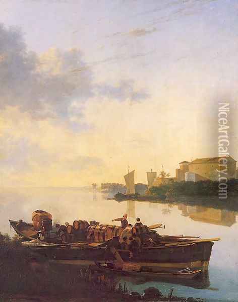 Barges on a River c. 1655 Oil Painting - Adam Pynacker