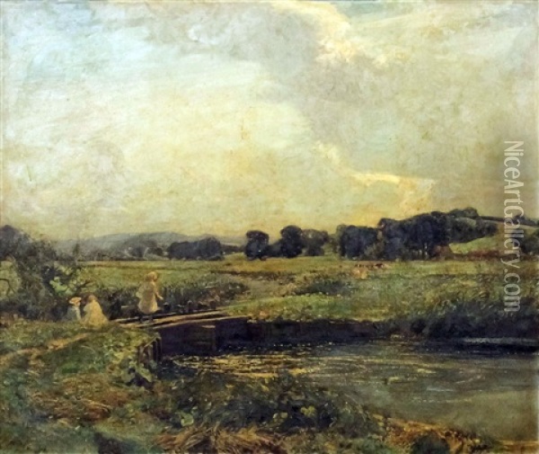 River Landscape, Thought To Be On The Isle Of Elmley, Isle Of Sheppey, Kent, With Three Children On Bridge To Foreground And Cattle And Farm To Background Oil Painting - Harry Watson